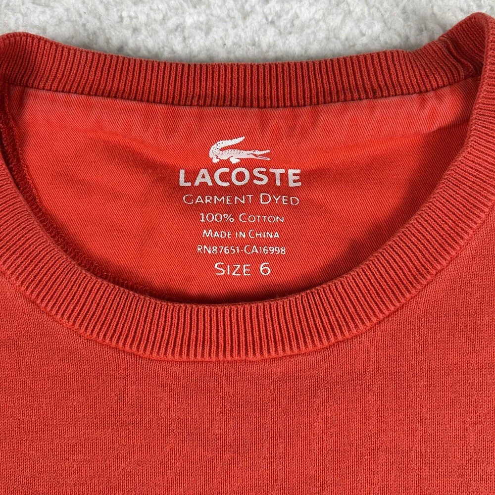 Lacoste Sweater Mens Large Orange Garment Dyed Cotton Crewneck Pullover Logo